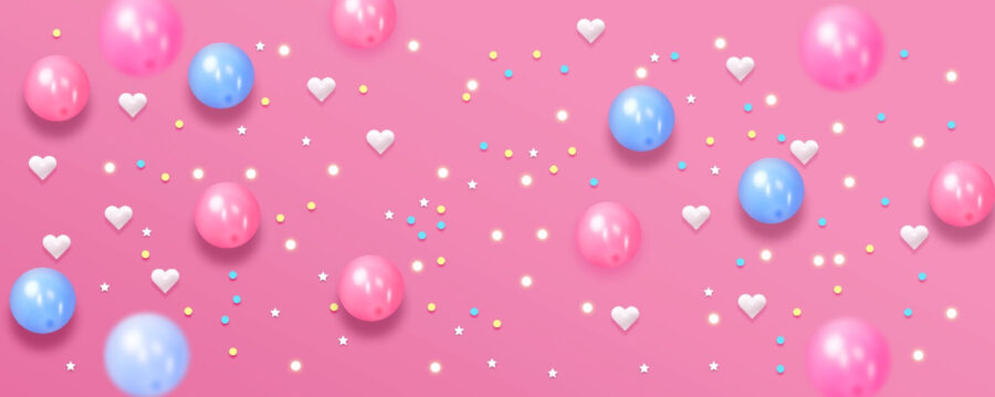 Pink background with white and blue balloons and stars
