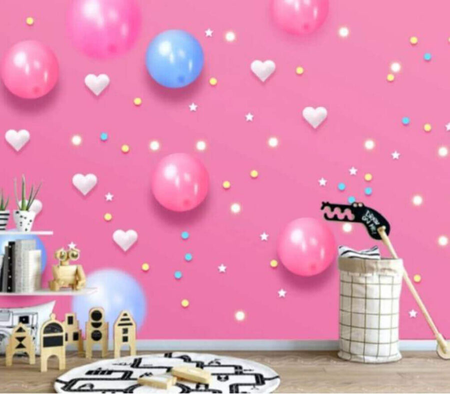 Pink background with white and blue balloons and stars