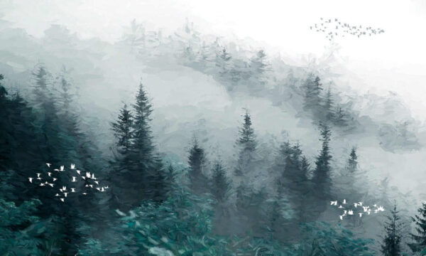 Foggy forest with birds flying Foggy forest with birds flying
