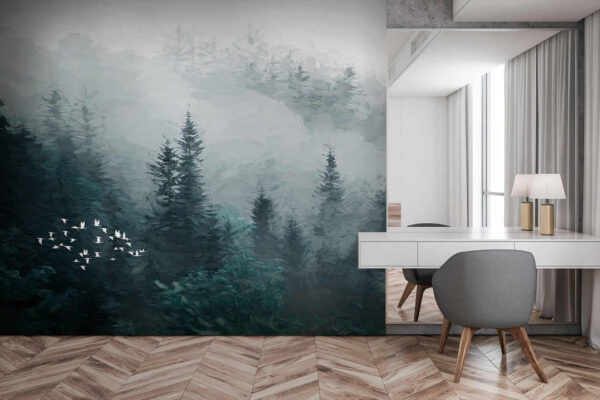 Foggy forest with birds flying Foggy forest with birds flying