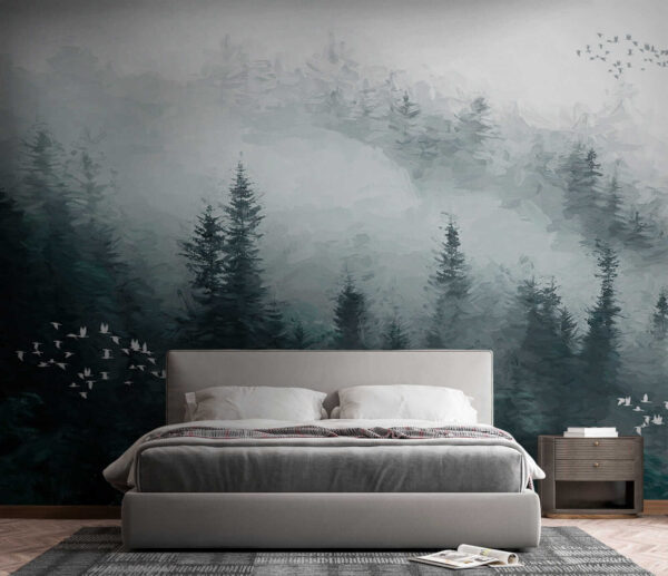 Foggy forest with birds flying Foggy forest with birds flying