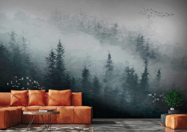 Foggy forest with birds flying Foggy forest with birds flying