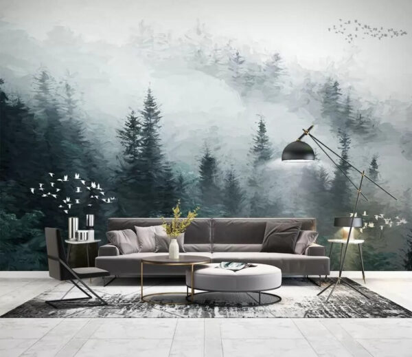 Foggy forest with birds flying Foggy forest with birds flying