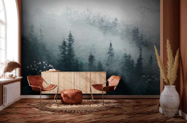 Foggy forest with birds flying Foggy forest with birds flying