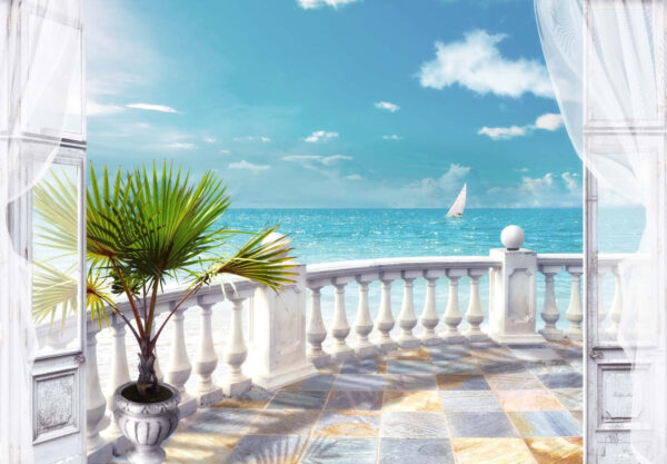 Balcony with a palm tree and a sailboat in the water Balcony with a palm tree and a sailboat in the water