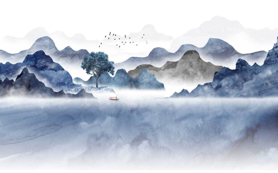 Painting of mountains and a tree Painting of mountains and a tree