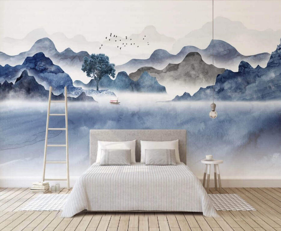 Painting of mountains and a tree Painting of mountains and a tree