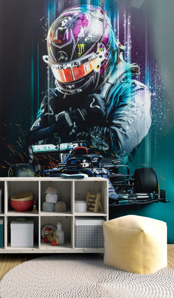 Person wearing a helmet and holding a race car Person wearing a helmet and holding a race car