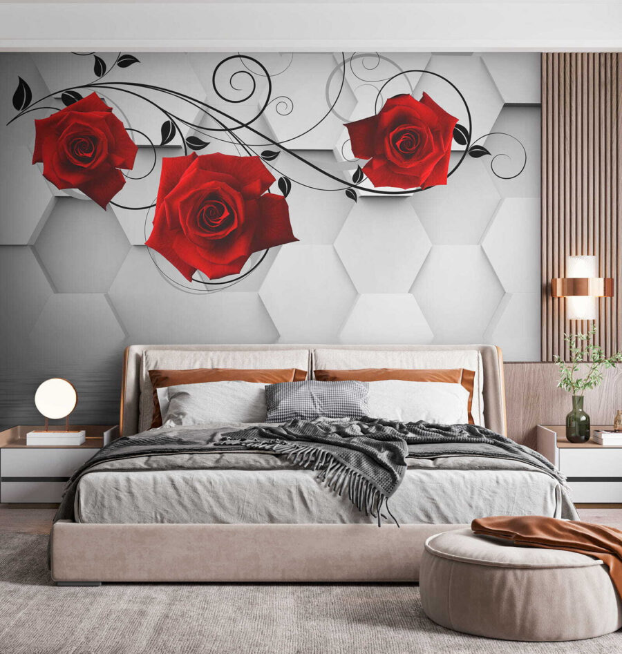 Wallpaper with red roses and black vines