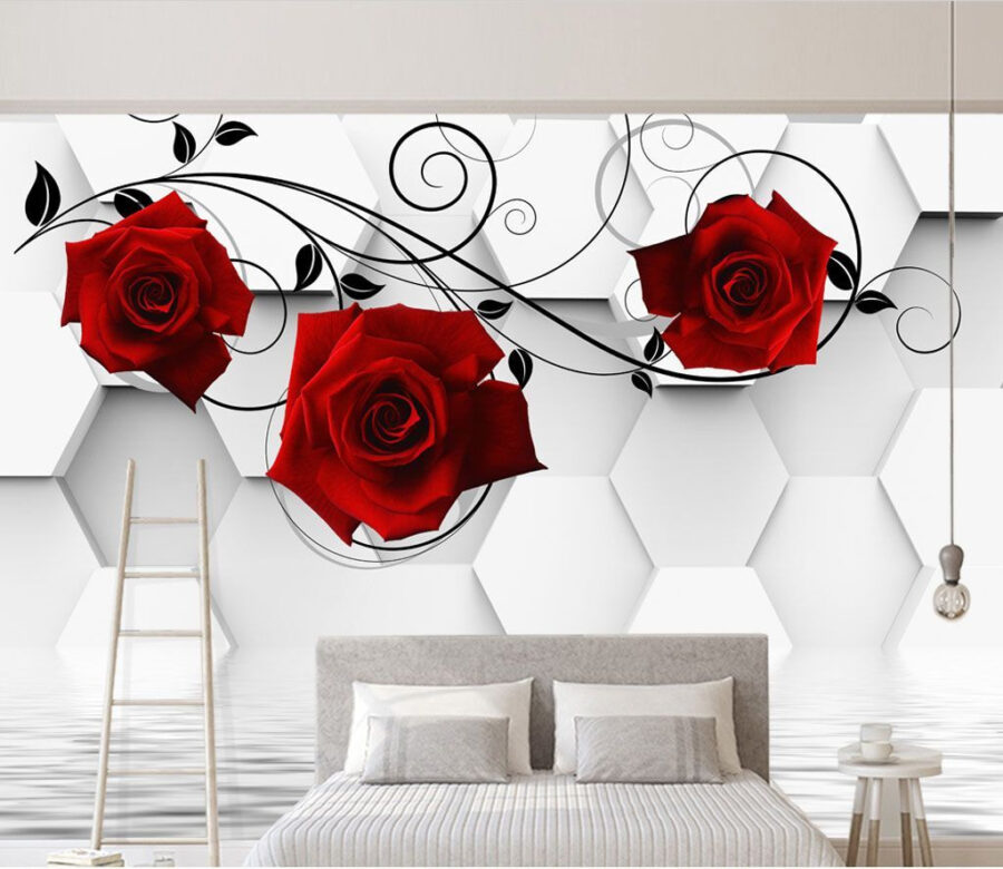 Wallpaper with red roses and black vines