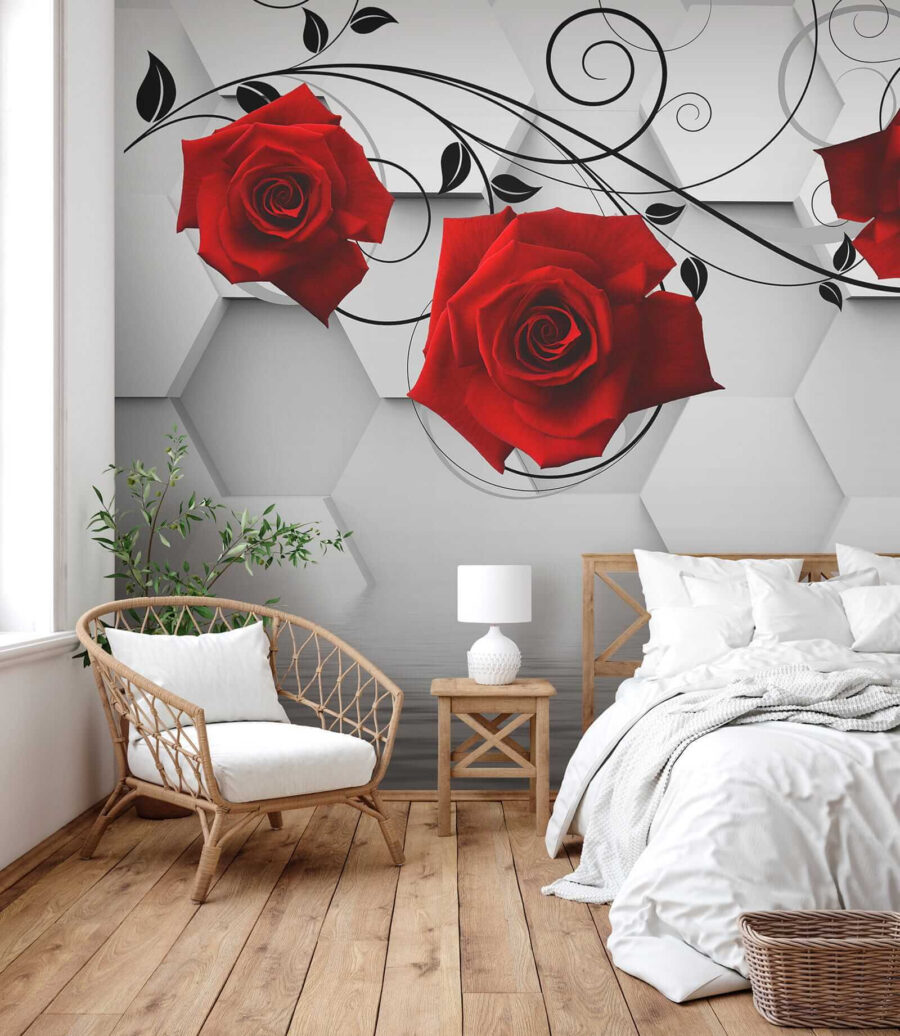 Wallpaper with red roses and black vines