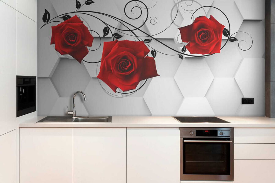 Wallpaper with red roses and black vines