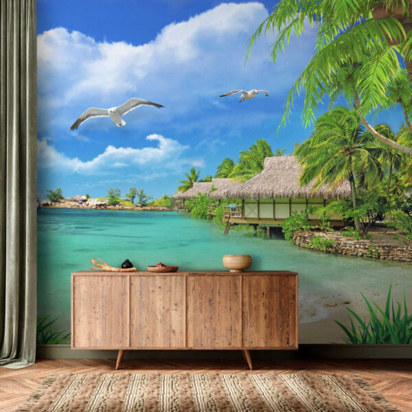 Beach with a hut and a couple of birds Beach with a hut and a couple of birds