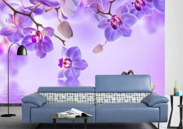 Two swans in a lake with purple flowers Two swans in a lake with purple flowers