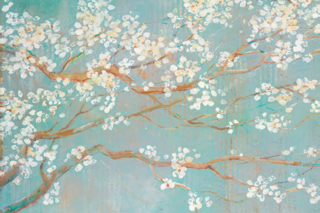 Painting of a tree branch with white flowers Painting of a tree branch with white flowers