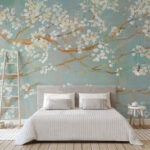 Wall murals Painting of a tree branch with white flowers