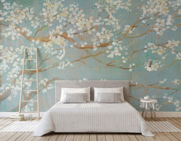 Painting of a tree branch with white flowers Painting of a tree branch with white flowers