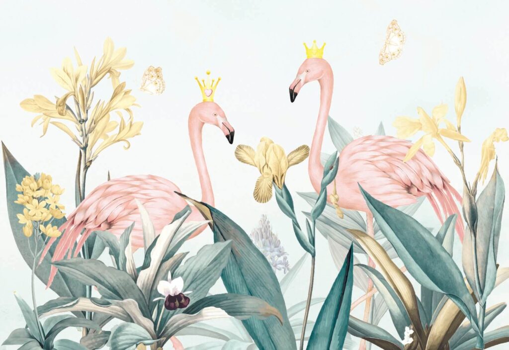 Group of flamingos with crowns and flowers Group of flamingos with crowns and flowers