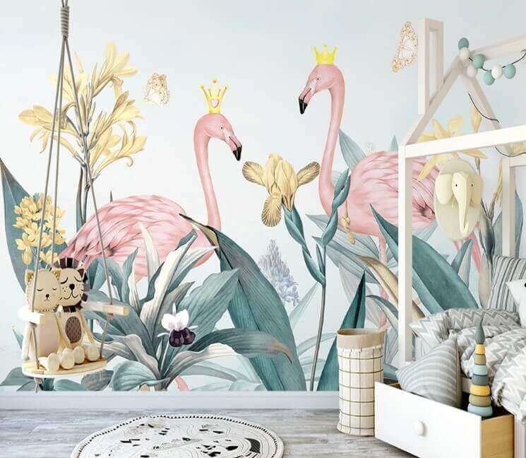Group of flamingos with crowns and flowers Group of flamingos with crowns and flowers