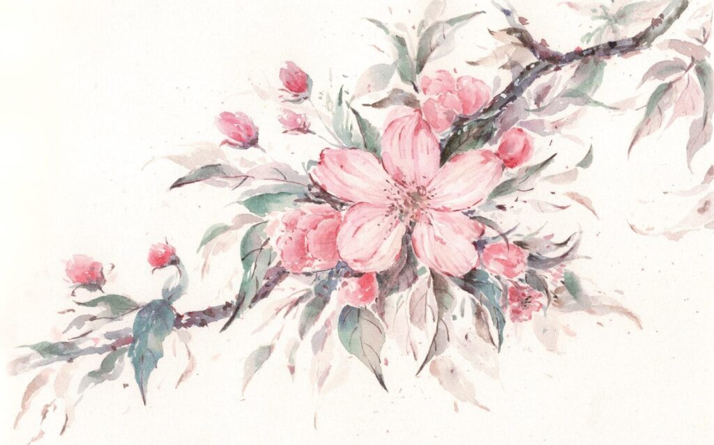 Painting of pink flowers on a branch Painting of pink flowers on a branch