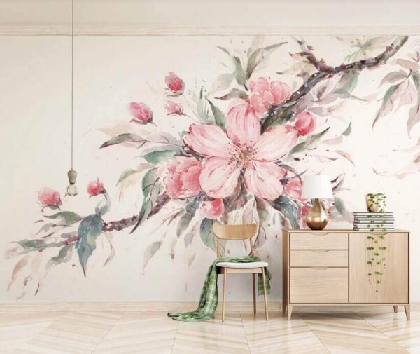 Painting of pink flowers on a branch Painting of pink flowers on a branch