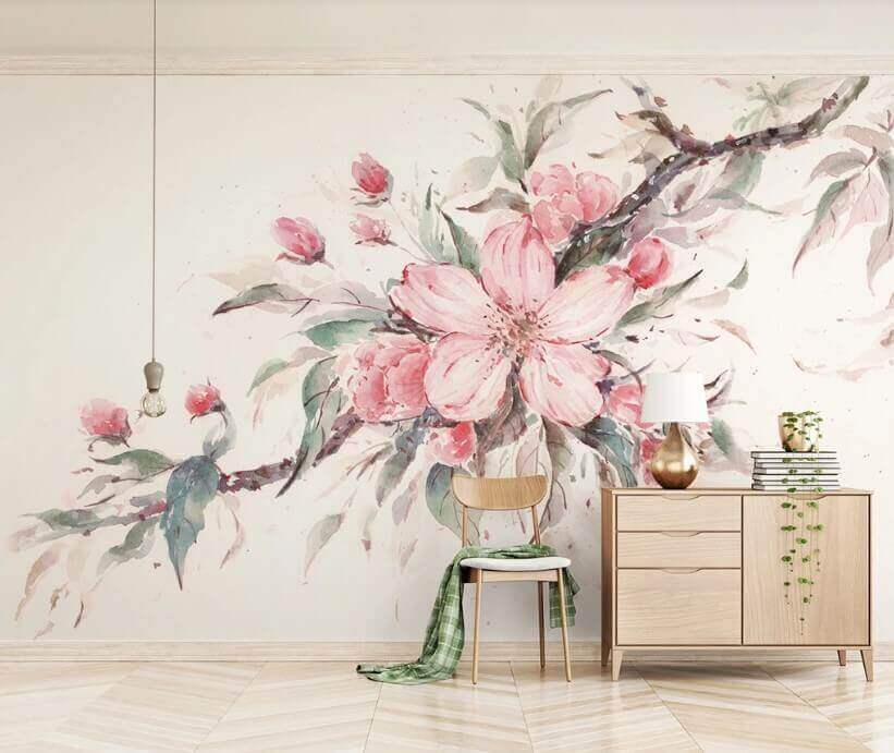 Painting of pink flowers on a branch