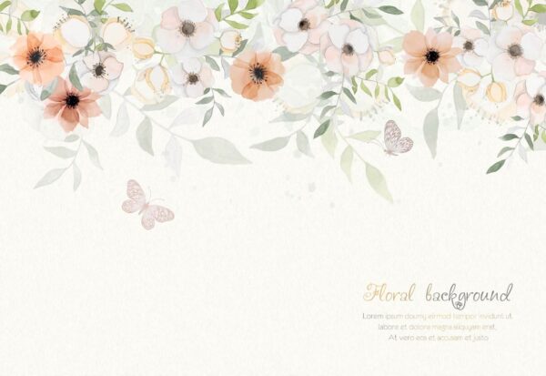 White background with flowers and butterflies White background with flowers and butterflies