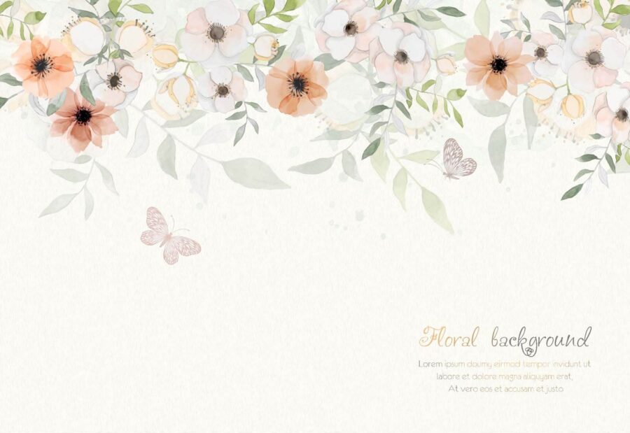 White background with flowers and butterflies White background with flowers and butterflies