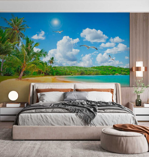 Beach with palm trees and a body of water Beach with palm trees and a body of water