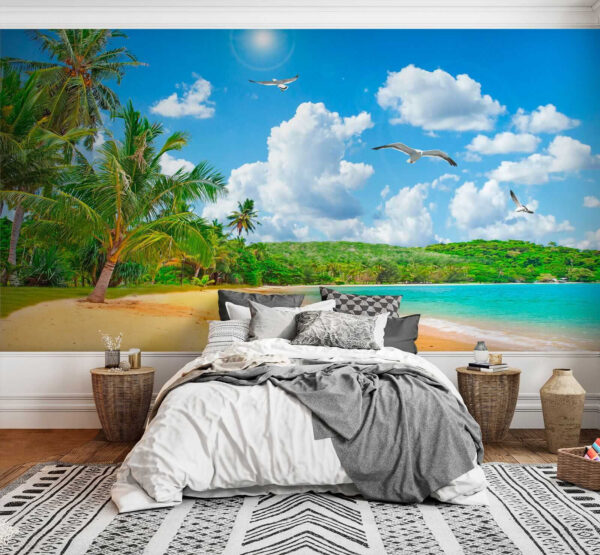 Beach with palm trees and a body of water Beach with palm trees and a body of water