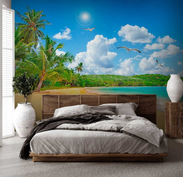 Beach with palm trees and a body of water Beach with palm trees and a body of water
