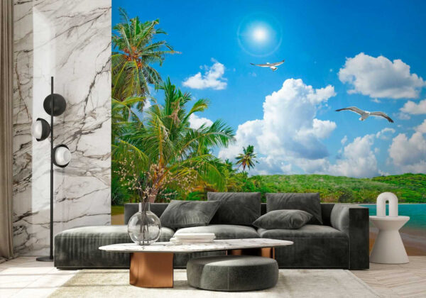 Beach with palm trees and a body of water Beach with palm trees and a body of water