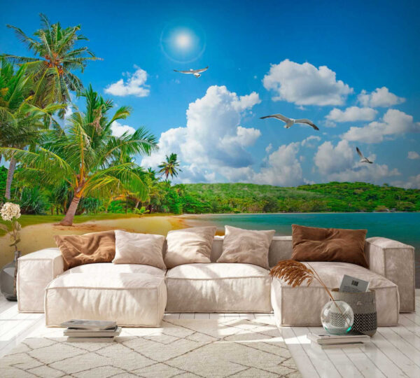 Beach with palm trees and a body of water Beach with palm trees and a body of water