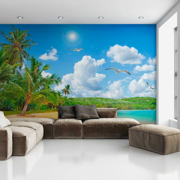 Beach with palm trees and a body of water Beach with palm trees and a body of water