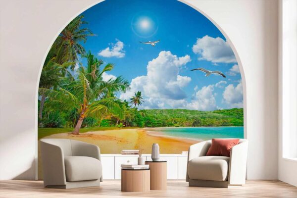 Beach with palm trees and a body of water Beach with palm trees and a body of water