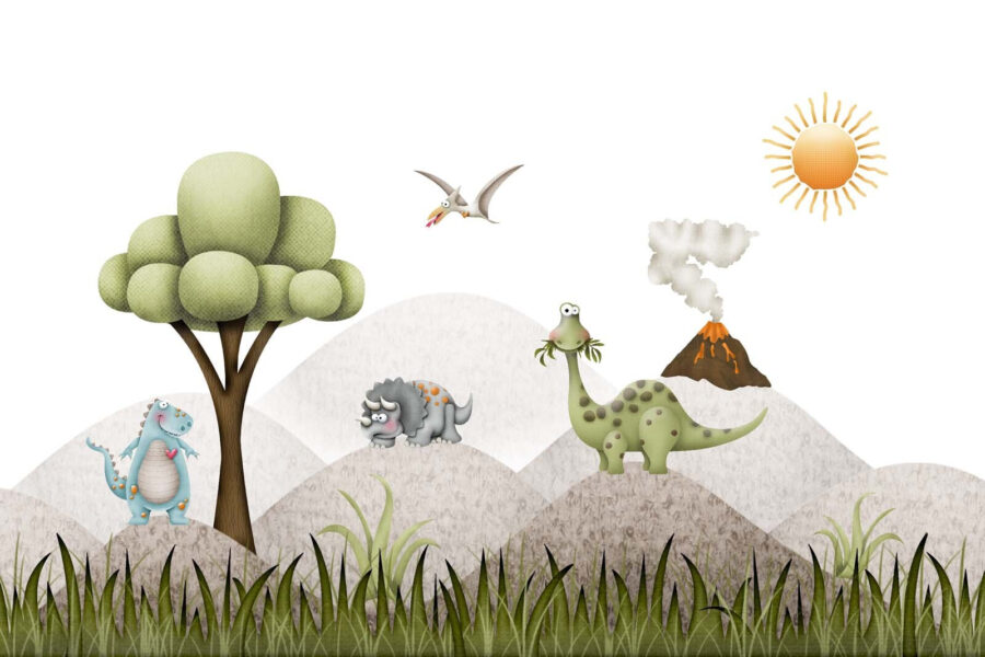 Cartoon dinosaurs in a landscape