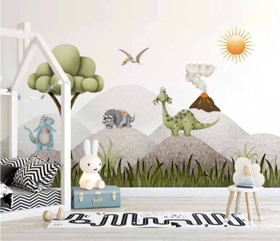 Cartoon dinosaurs in a landscape