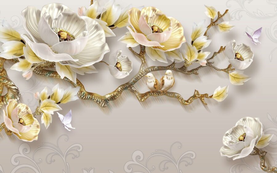 Wallpaper with flowers and birds