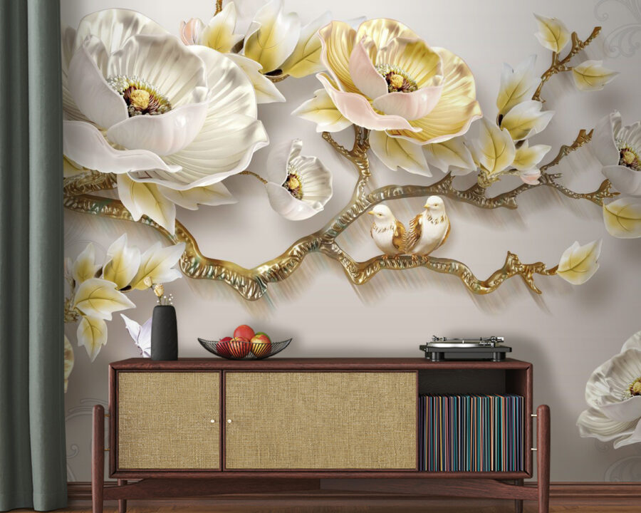 Wallpaper with flowers and birds