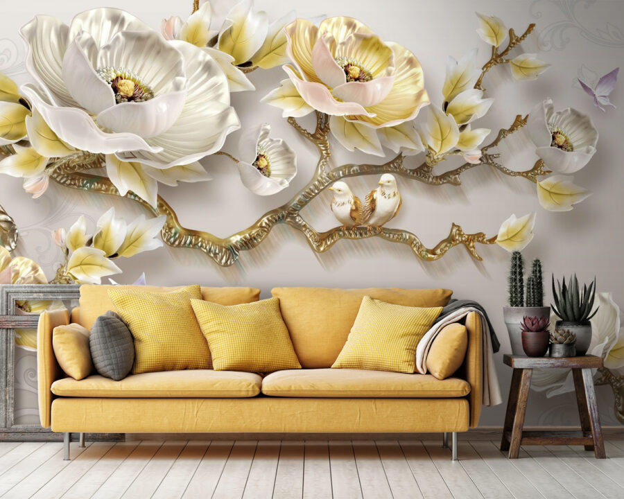 Wallpaper with flowers and birds