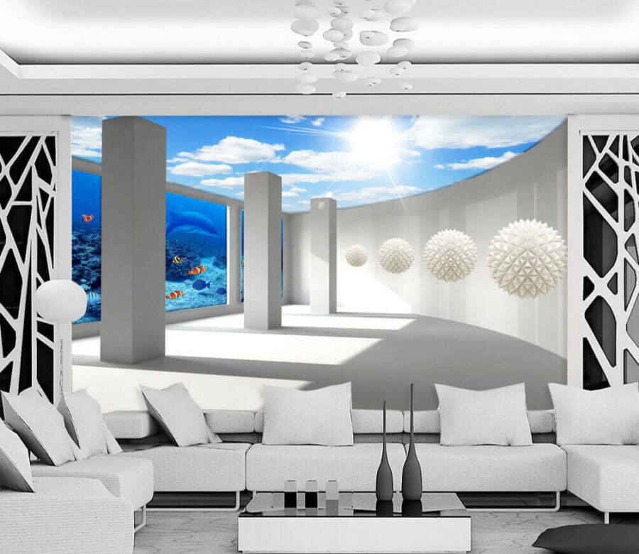 Room with columns and fish and fish