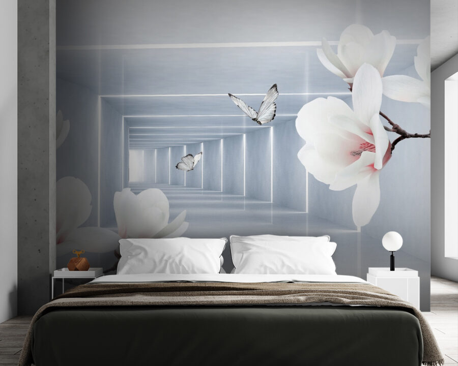 White flowers and butterflies in a room