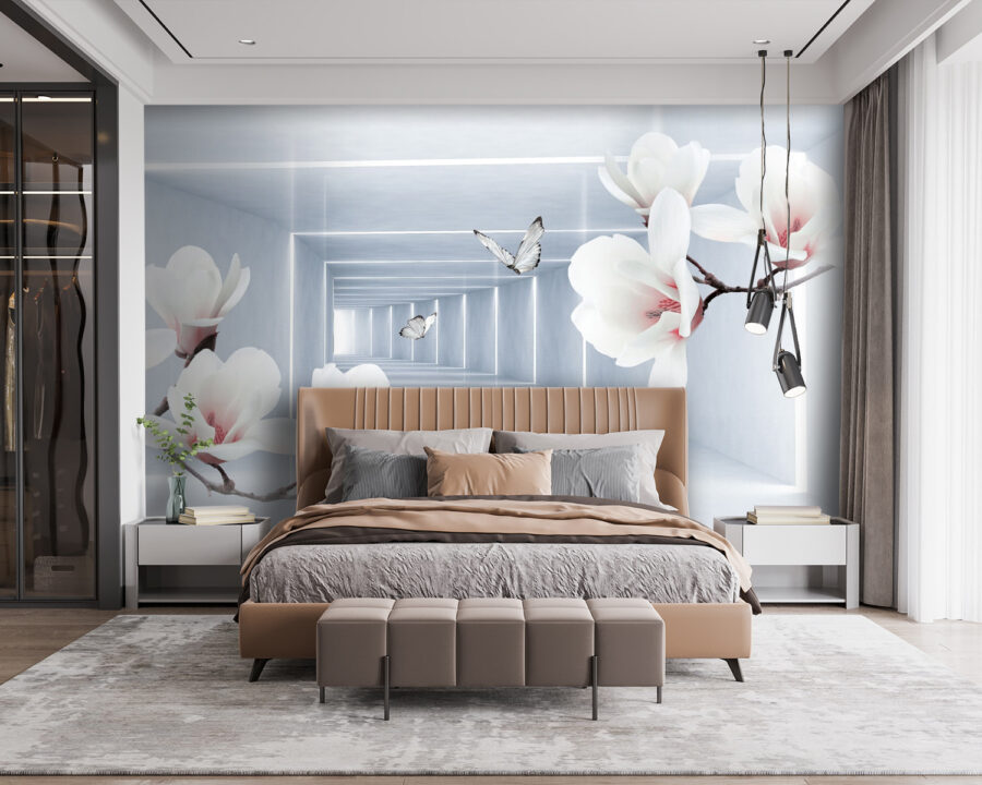 White flowers and butterflies in a room