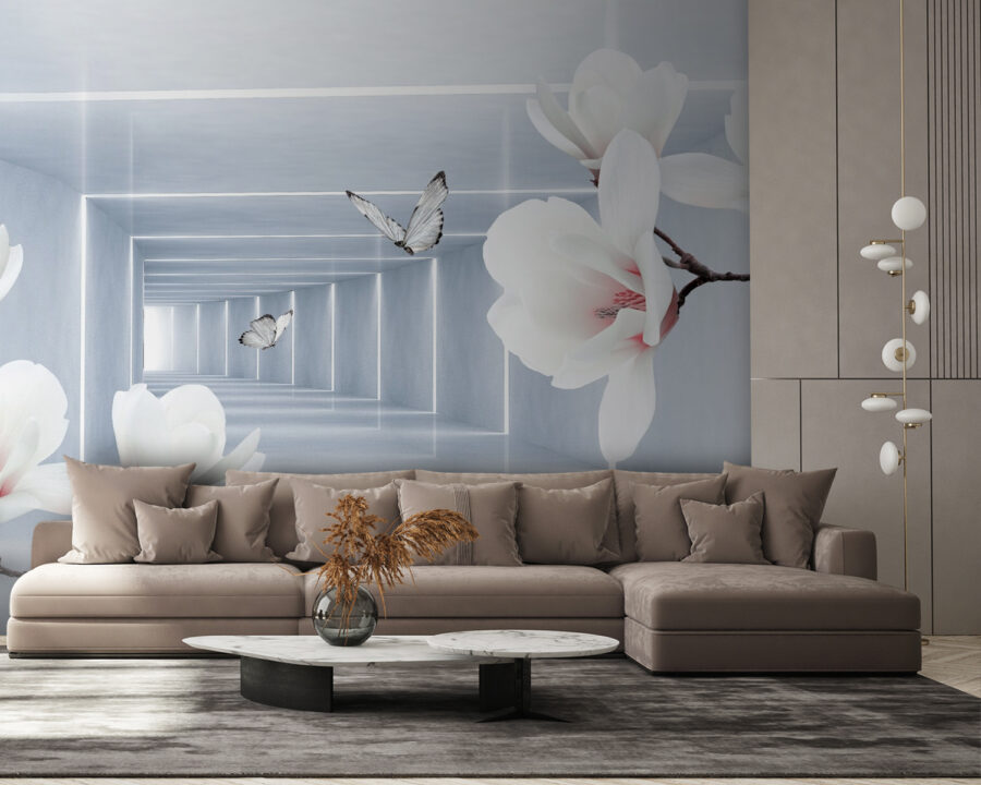White flowers and butterflies in a room