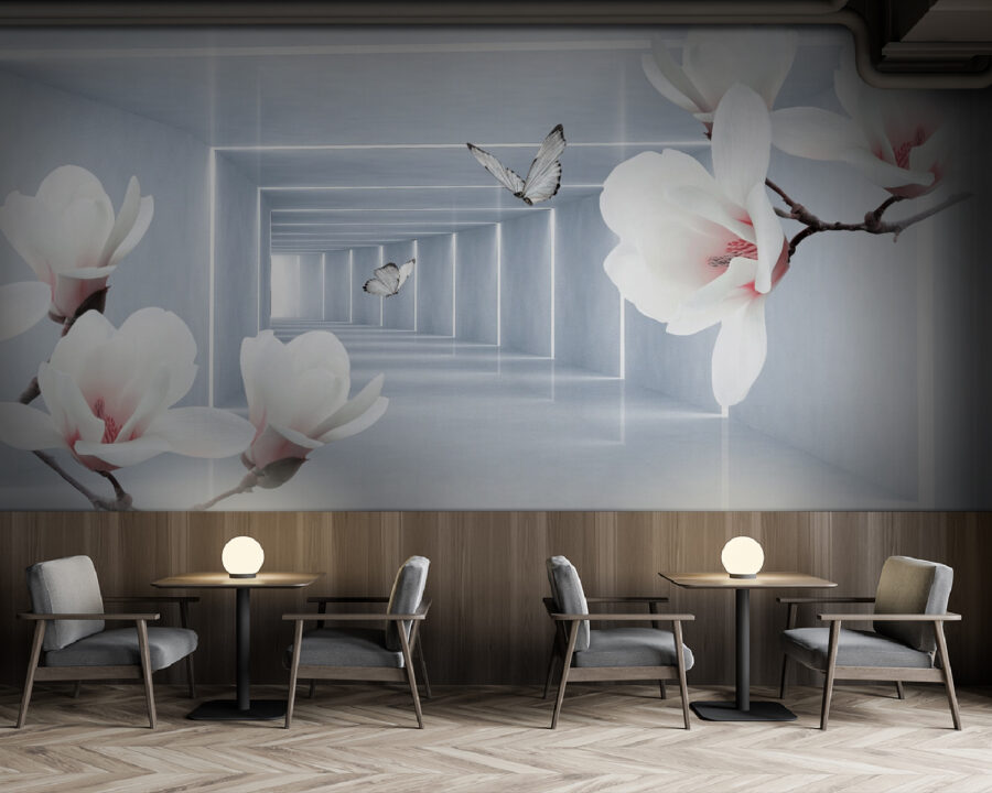 White flowers and butterflies in a room