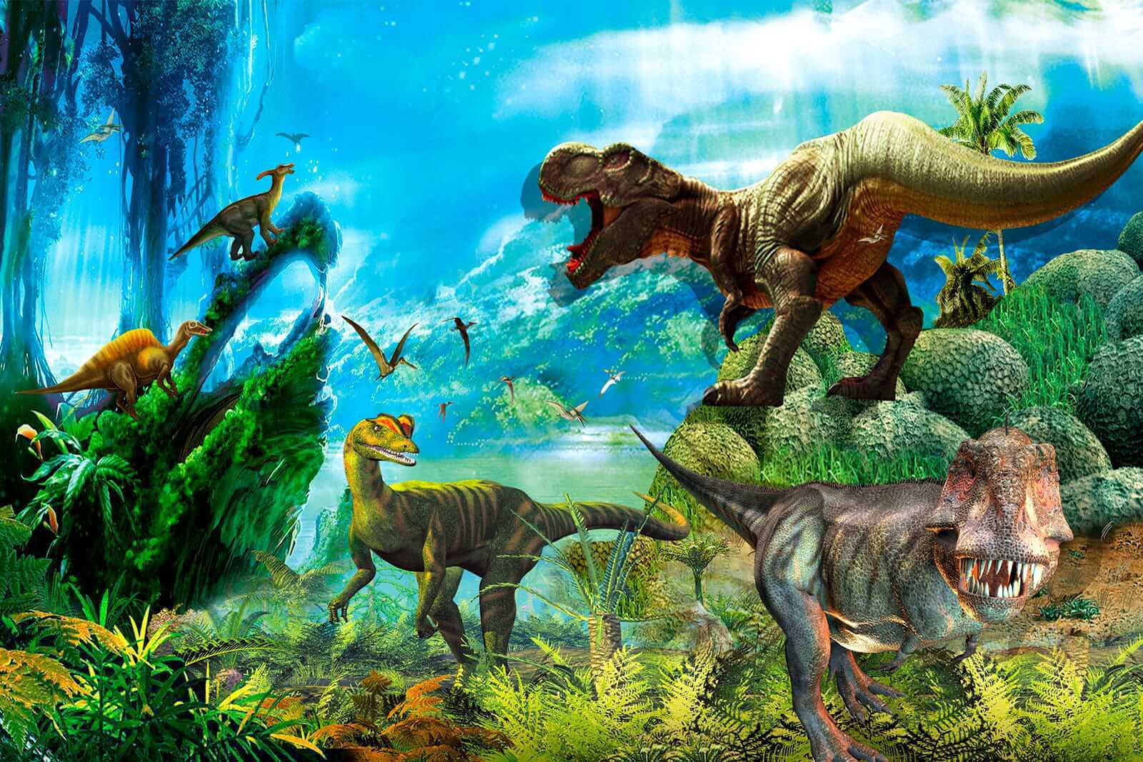 Group of dinosaurs in a forest