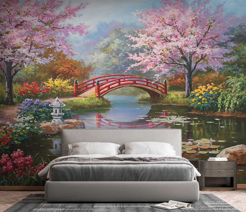 u35418pib3 1024x883 - Painting of a pond with a bridge and flowers