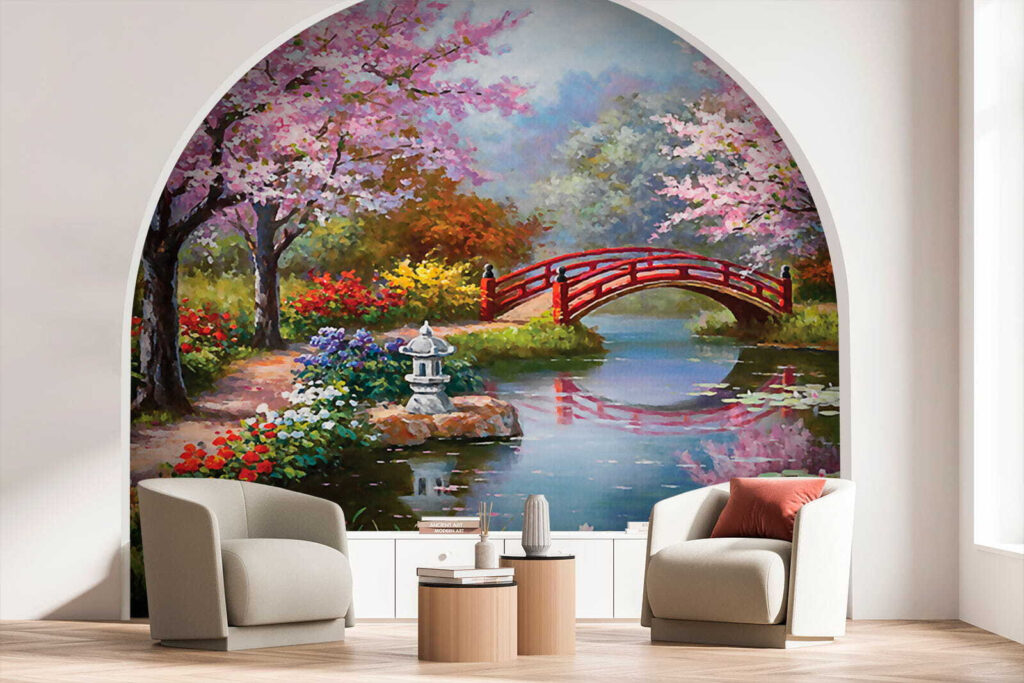 u35418pig1 1024x683 - Painting of a pond with a bridge and flowers