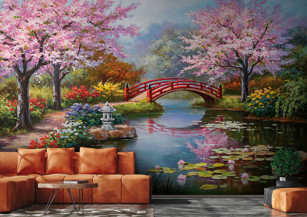 u35418pig2 1024x724 - Painting of a pond with a bridge and flowers