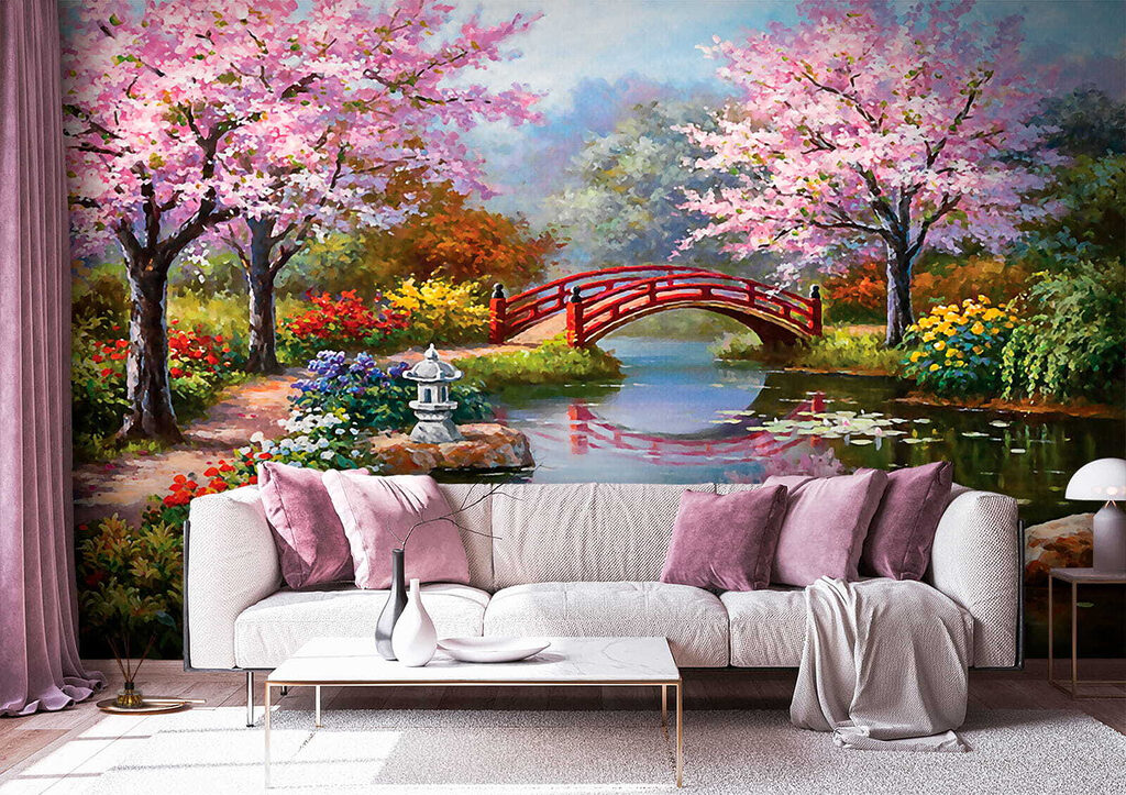 u35418pig3m 1024x723 - Painting of a pond with a bridge and flowers
